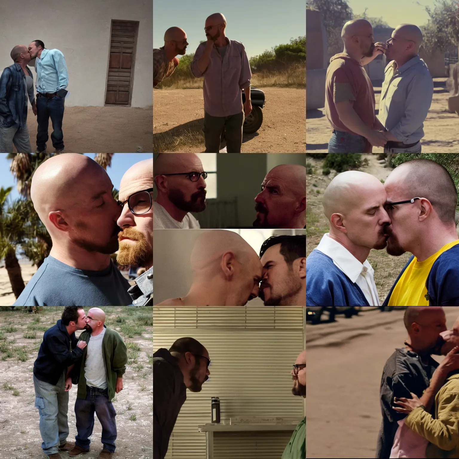Prompt: Jesse and walt from Breaking Bad kissing in Mexico, screenshot, 8K