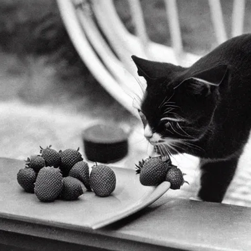 Prompt: 1 9 5 0 s kodachrome photograph of a cat eating strawberries. close up