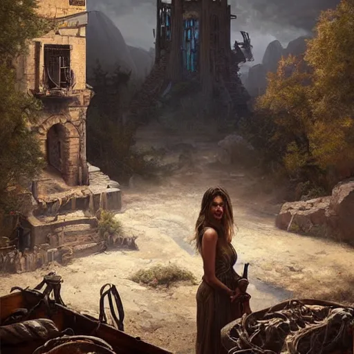 Image similar to epic masterpiece of cinematographic hyperrealism where a group of archeologists appears in front of the dread tower. realistic shaded lighting poster by craig mallismo, artgerm, jeremy lipkin and michael garmash, unreal engine, radiant light, detailed and intricate environment, digital art, art station trends