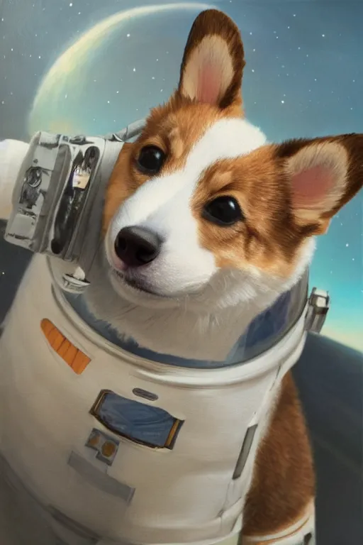 Image similar to corgi puppy as an astronaut, oil on canvas, intricate, portrait, 8 k highly professionally detailed, hdr, cgsociety