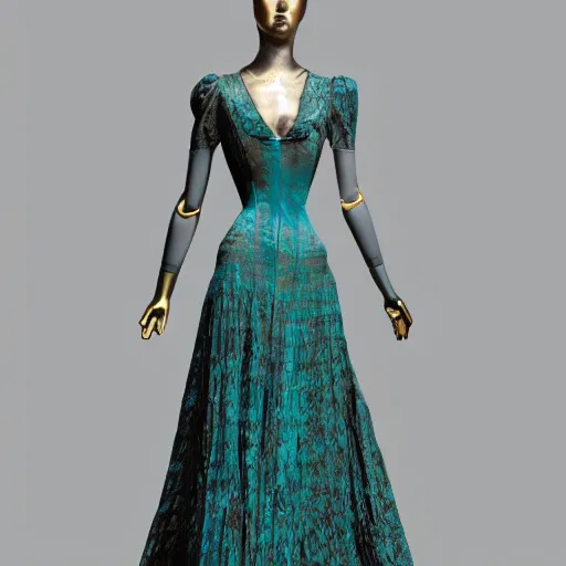Prompt: victorian era turquoise dress on a manikin, trafalgar dress shop, ambient lighting, cinematic quality, high octane, vray render, subsurface scatter, drum scanner intricate complexity, golden ratio, kojima, amano, charlie bowater museum piece, fine art