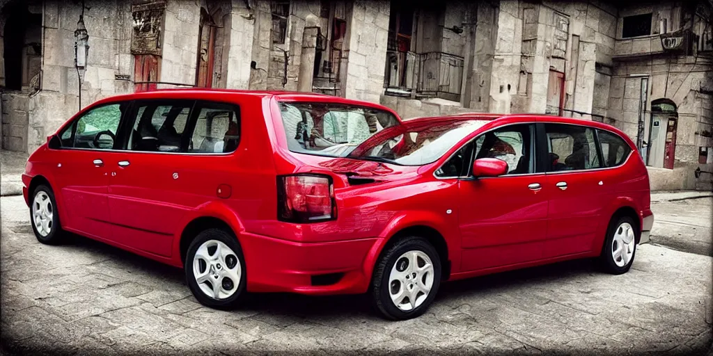 Prompt: “Alfa Romeo Minivan, red”