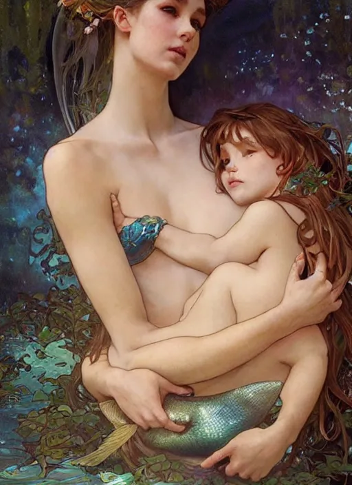 Prompt: a beautiful painting of a mermaid mother cradling her baby, stunning fantasy painting by by artgerm and greg rutkowski and alphonse mucha