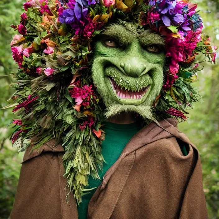 Prompt: a green-horned goblin monster wearing a cloak made of flowers, by Omar Z. Robles, CANON Eos C300, ƒ1.8, 35mm, 8K, medium-format print