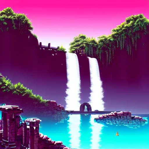 Prompt: Ancient ruins and waterfalls, retrowave art, trending on art station