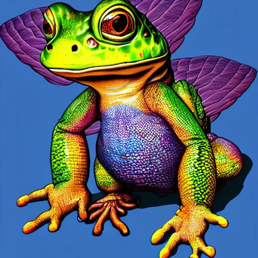 Prompt: toad with wings front view, Across holding a hand, rainbow reptile front view, Across holding a hand, golden lizard front view, trio, artstation, concept art, master illustration, details, good clear quality, fun - w 704