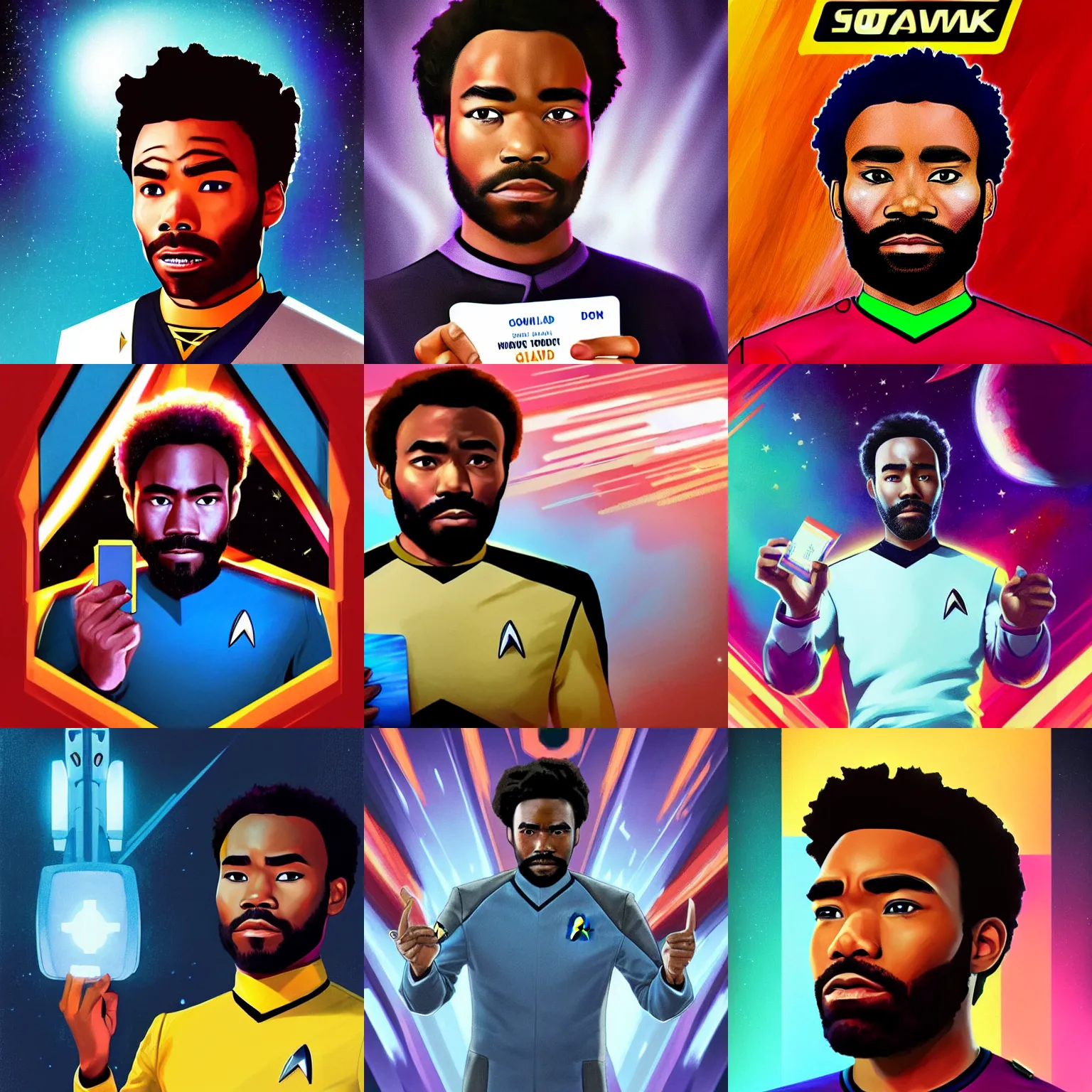 Prompt: a star trek donald glover man holding a ID card in his hand, short hair, a character portrait, synthwave by art artgerm, cg society contest winner, shock art, sci-fi, artstation hq, speedpainting
