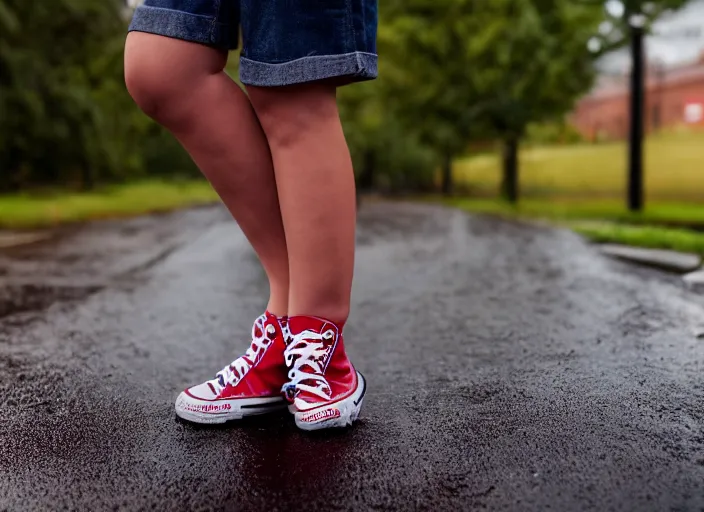 Image similar to side view of the legs of a woman hook sitting on the ground on a curb, very short pants, wearing red converse shoes, wet aslphalt road after rain, blurry background, sigma 8 5 mm