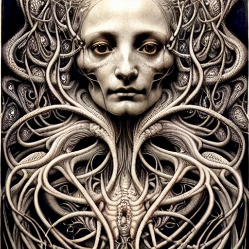 Image similar to detailed realistic beautiful calaveras death goddess face portrait by jean delville, gustave dore, iris van herpen and marco mazzoni, art forms of nature by ernst haeckel, art nouveau, symbolist, visionary, gothic, neo - gothic, pre - raphaelite, fractal lace, intricate alien botanical biodiversity, surreality, hyperdetailed ultrasharp octane