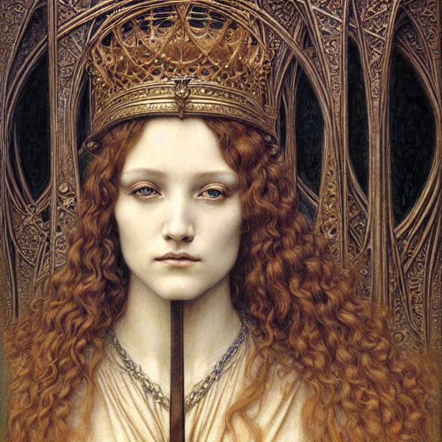 Image similar to detailed realistic beautiful young medieval queen face portrait by jean delville, gustave dore and marco mazzoni, art nouveau, symbolist, visionary, gothic, pre - raphaelite. horizontal symmetry