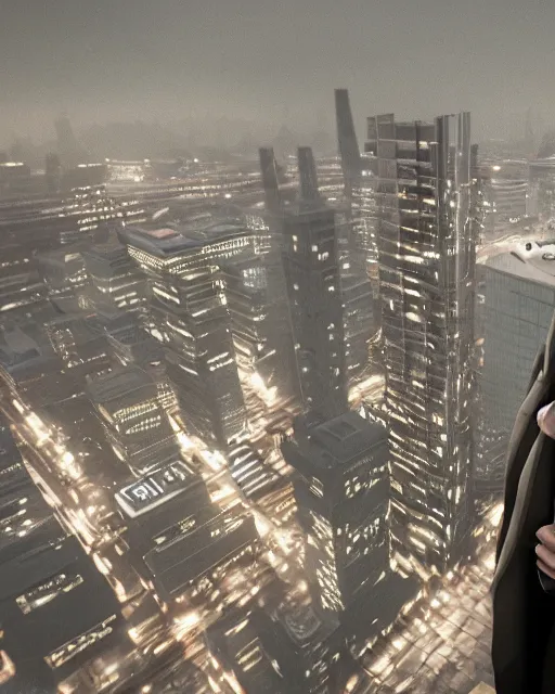 Image similar to a night rooftop scene, close up shot of a photorealistic gangster wearing a trench coat looking at the city below, unreal engine, hyper realism, realistic shading, cinematic composition, realistic render, octane render