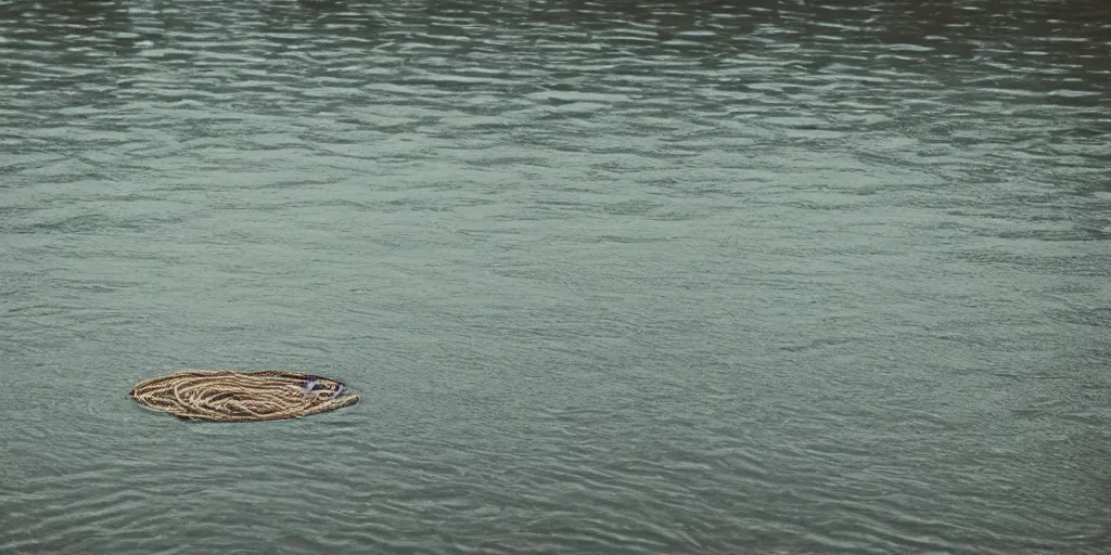 Image similar to centered photograph of an infinitely long rope zig zagging across the surface of the water, floating submerged rope stretching out towards the center of the lake, a dark lake on a cloudy day, color film, trees in the background, hyperedetailed photo, anamorphic lens