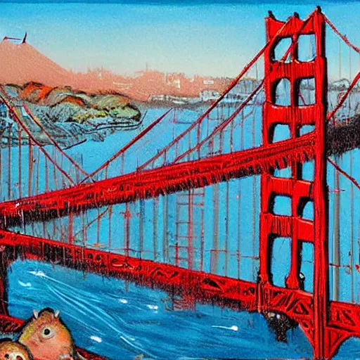 Image similar to a swarm of rabid rats invading the golden gate bridge by basil gogos