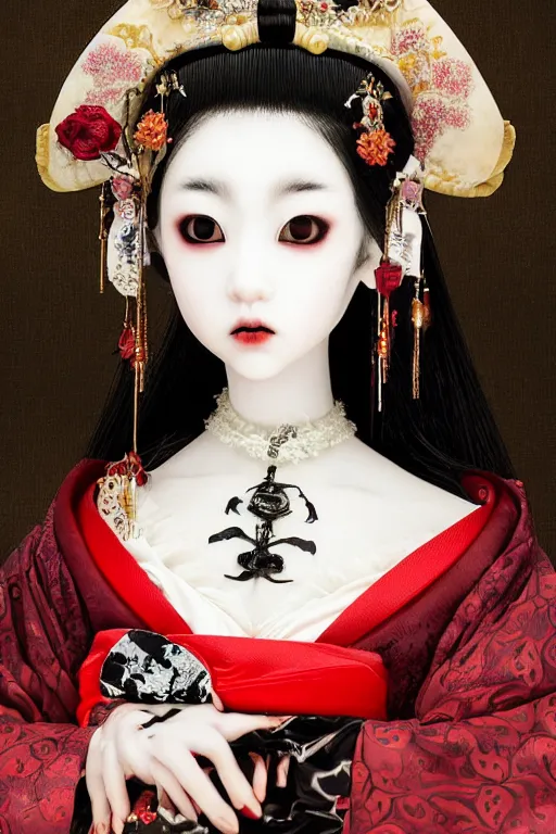 Prompt: album cover of an avant - garde japanese bjd geisha vampire queen with porcelain skin in victorian red dress in the style of dark - fantasy lolita fashion painted by yoshitaka amano, takato yamamoto, christopher shy, dmt art, symmetrical vogue face portrait, intricate detail, artstation, cgsociety, artgerm, gold skulls, rococo