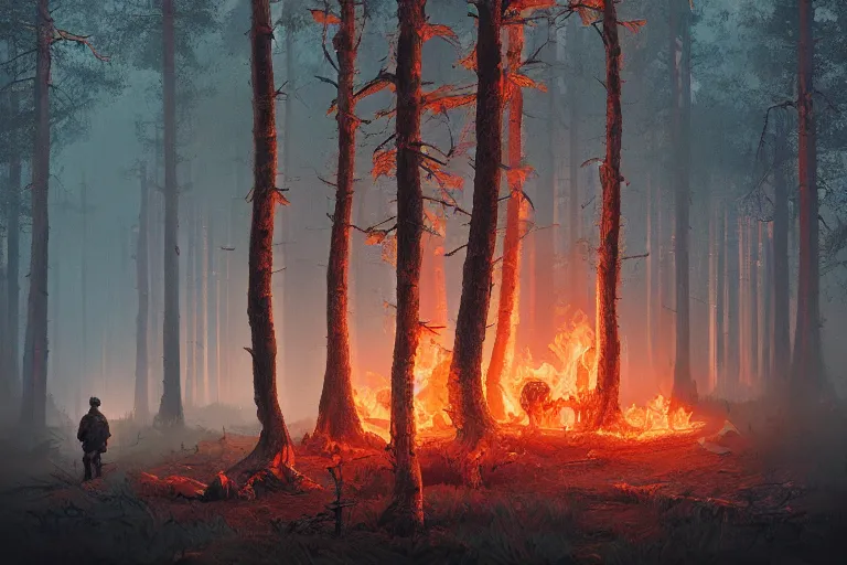 Image similar to fire demon standing in a beautiful swedish forest, highly detailed, hyperrealistic, very sharp focus, intricate, soft lighting, wide shot photograph, digital painting by simon stålenhag