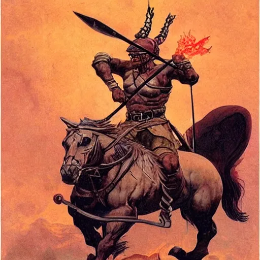 Image similar to a warrior riding a horse, holding an axe surrounded by fire. Artwork by Moebius and Frank Frazetta