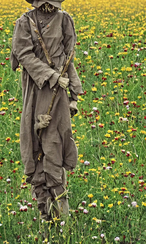 Prompt: scarecrow in beautiful meadow of flowers, ww1 photo, grainy, high detail, high resolution,