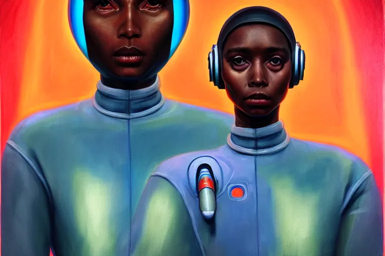 Image similar to patron saint of 🛸🌈👩🏾, futuristic astronaut jumpsuit, neon god of city character portrait, in the style of margaret keane, moebius, tom bagshaw, and waterhouse, cinematic lighting, beautiful, elegant, oil painting,