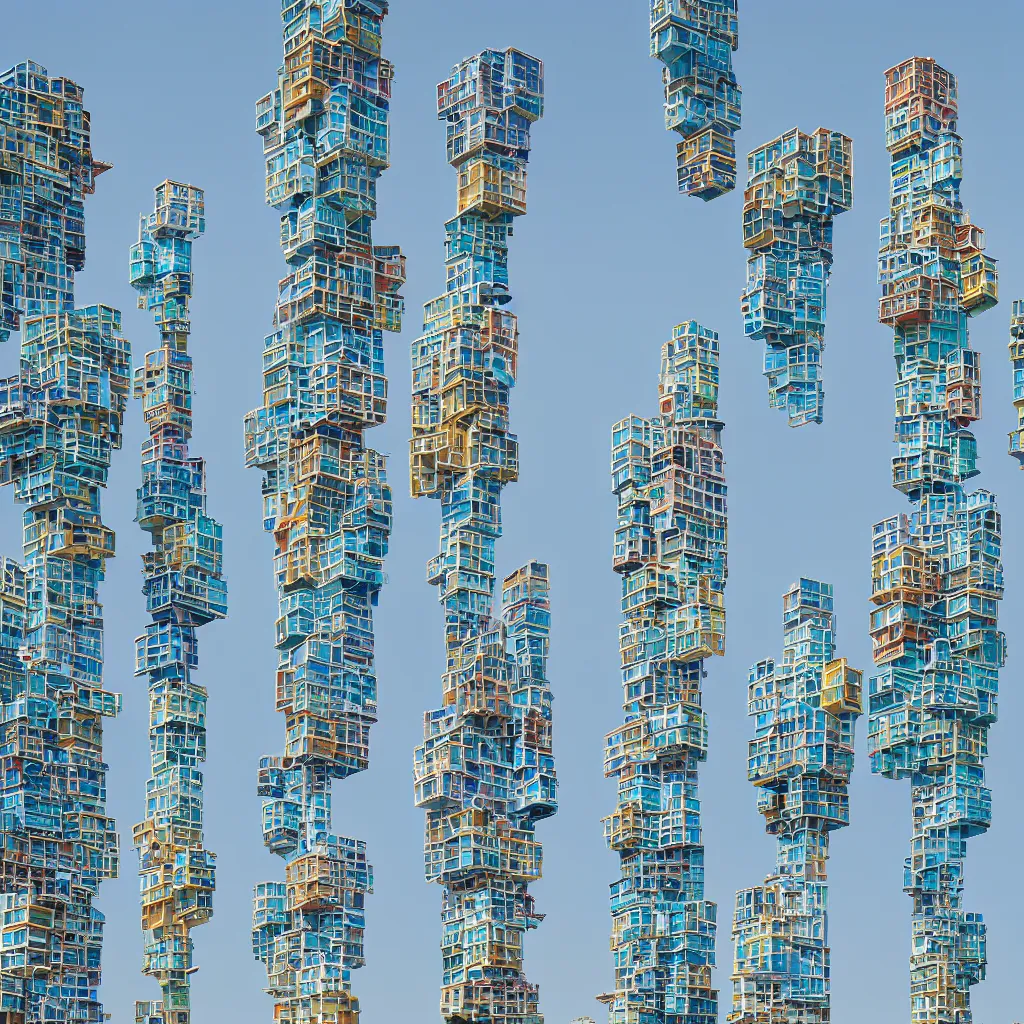 Image similar to close - up towers made up of colourful squatter housing, bleached colours, plain uniform light blue sky, dystopia, mamiya, very detailed, ultra sharp, photographed by john chiara