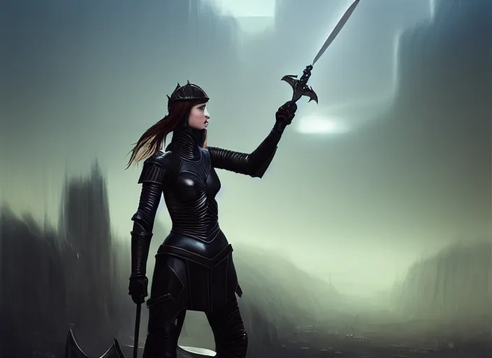 Image similar to landscape of a future city, a young english woman between the ages of 2 0 - 2 5 years, wearing armor and pointing a dagger, wearing a face full of anger. cinematic capture, fine art, modern realism, sharp focus, good lighting, trending on artstation, trending on tiktok, smooth drawing, elegant, authoritative, without anomalies.