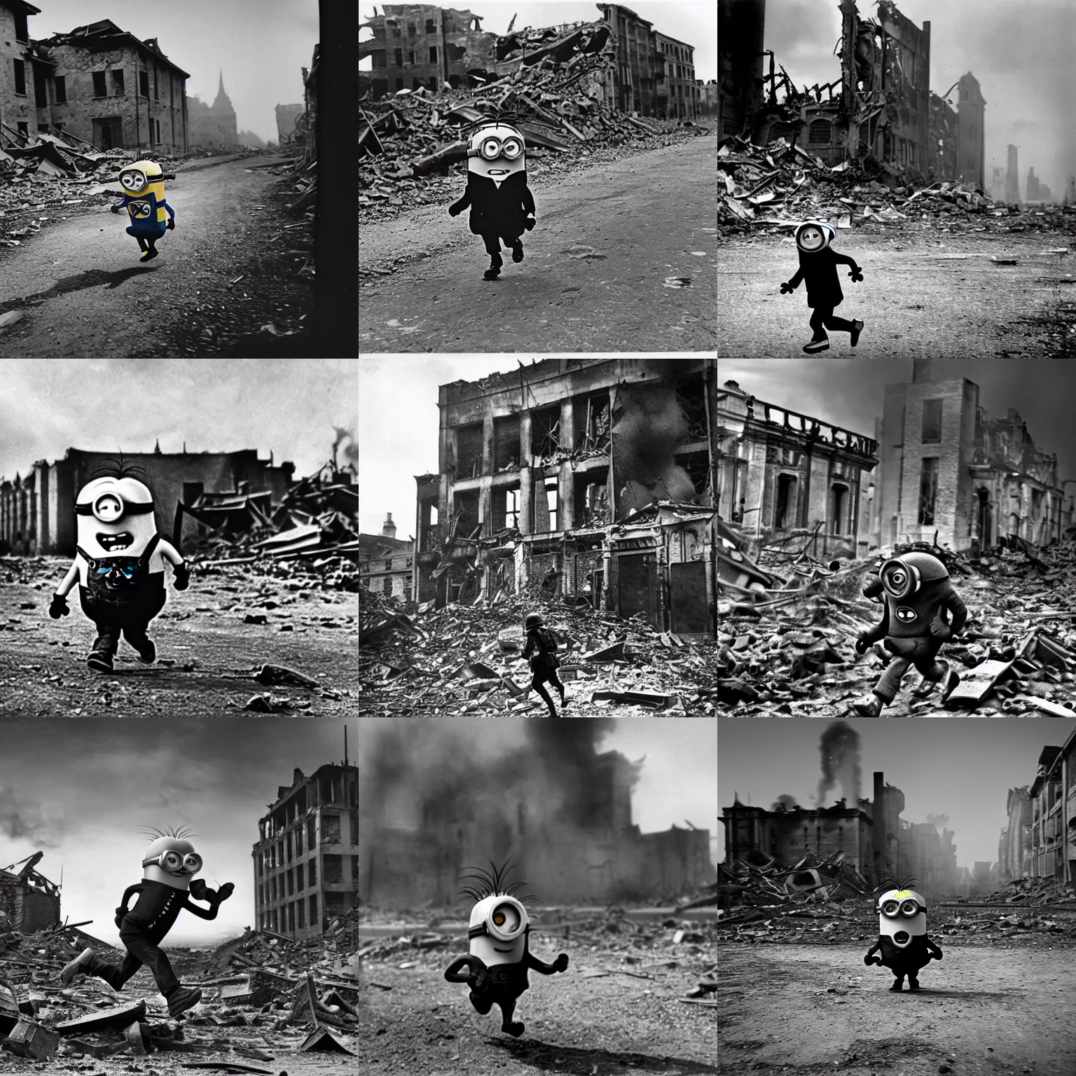 Prompt: a minion alone, running away, world war 1, destroyed building in the background, rubble, black and white photography