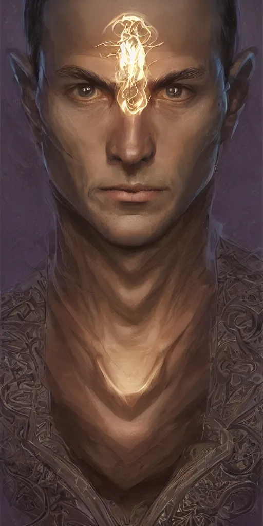 Image similar to portrait of a handsome young wizard olive skin, buzzed short dark hair, beautiful bone structure, symmetrical facial features, casting an evil spell, a floating glowing spellbook, , intricate, elegant, digital painting, concept art, smooth, sharp focus, illustration, from Metal Gear, by Ruan Jia and Mandy Jurgens and Artgerm and William-Adolphe Bouguereau