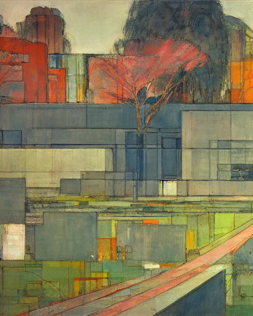 Image similar to reclaimed by nature by richard diebenkorn, wallpaper, highly detailed, trending on artstation.