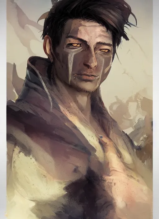 Prompt: a portrait of a male character, noseless, in a scenic environment by Ross Tran and by Jesper Ejsing and by Mikalojus Konstantinas Ciurlionis