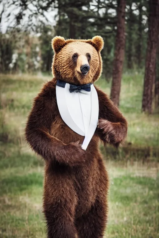 Prompt: a bear is wearing a suit, professional photography