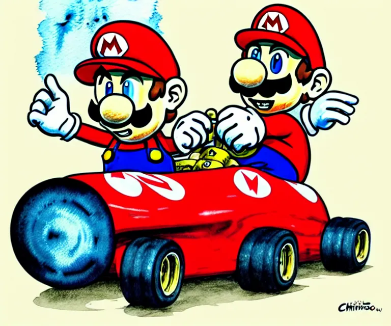 Prompt: cute and funny, mario, wearing a helmet, driving a hotrod, oversized enginee, ratfink style by ed roth, centered award winning watercolor pen illustration, isometric illustration by chihiro iwasaki, the artwork of r. crumb and his cheap suit, cult - classic - comic,