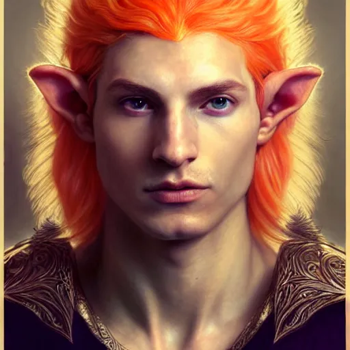 Image similar to portrait painting of a young elven man with a soft face and short light orange hair and tribal tattoos on his face wearing feather armor, ultra realistic, concept art, intricate details, eerie, highly detailed, photorealistic, octane render, 8 k, unreal engine. art by artgerm and greg rutkowski and charlie bowater and magali villeneuve and alphonse mucha