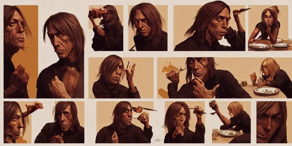 Prompt: iggy pop eating dinner, character sheet, character design, contrast, deep focus, turnaround, highly detailed, dramatic lighting, digital painting, artstation, concept art, matte, sharp focus, illustration, elegant, art by artgerm and greg f and alphonse mucha.