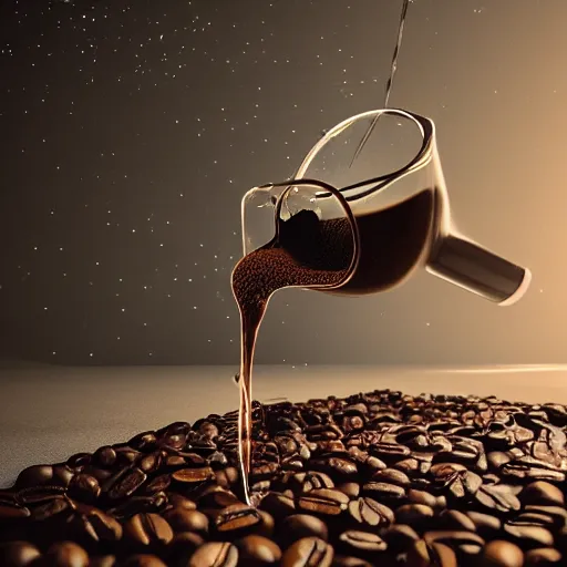 Image similar to : a sloppy cup of coffee with fluid flying out the cup hyperbolic ,hyper detailed art station  parabolic lighting unrealengine ,cinematic, hyper realism, high detail, octane render, 8k