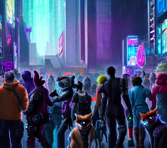 Image similar to high - resolution photograph from a cyberpunk era furry fandom convention ( midwest furfest 2 0 4 7 ), taking place after the genetic revolution and singularity. photorealistic.