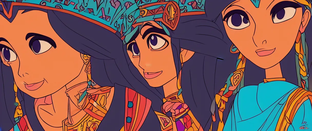 Image similar to Aztec Disney princess by Glen Keane, Disney 2D Traditional Animation, Semi Realistic Anime, symmetrical face, beautiful eyes, Disney Renaissance film, Cel Shaded, Studio Ghibli, cinematic, widescreen, 4K