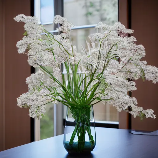 Image similar to a photo of 8k Ikebana in flower vase, ikenobo, ohararyu, sougetsu, wide angle, full body, sony a7r3, ultra detail, photorealistic, in simple background