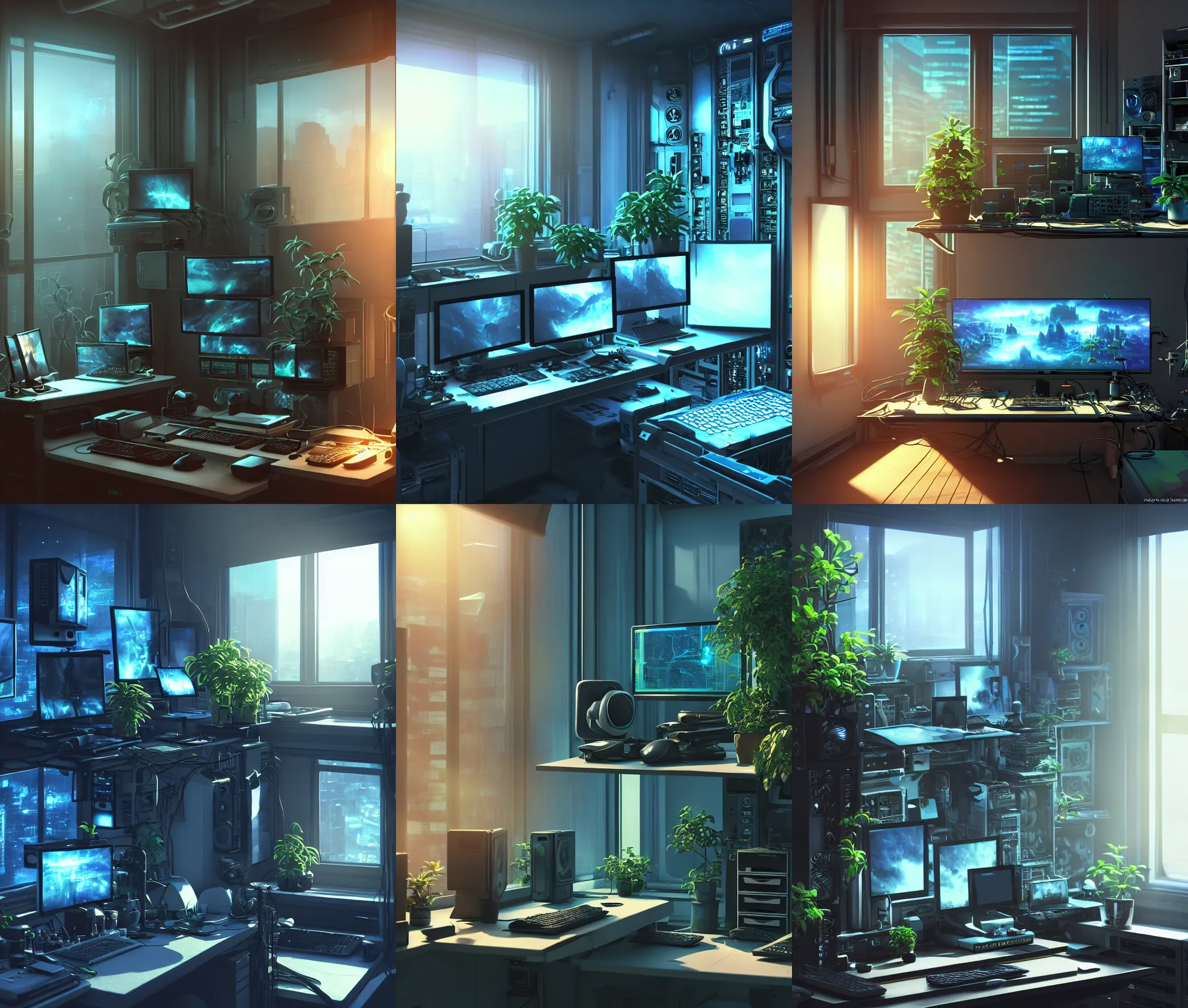Image similar to detailed scifi artstation scene of a complex computer workstation in a small studio apartment room, a potted plant, many monitors, many electronics, a window view, maximalism, ambient occlusion, volumetric light, sunny amber morning light, sun beam, atmospheric haze, unreal engine, hyperrealism, realistic shading, blender render, photorealistic, wide shot