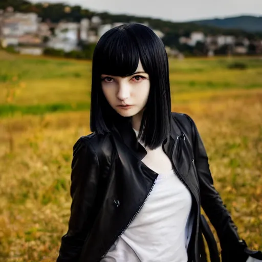 Image similar to 1 7 - year - old pale - skinned anime girl with black long bob cut, long bangs, black gothic jacket, black jeans, running through italian town, yellow sunshine, sepia sun, strong lighting, strong shadows, vivid hues, ultra - realistic, sharp details, subsurface scattering, intricate details, hd anime, 2 0 1 9 anime