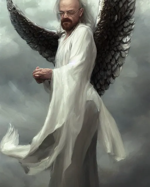 Prompt: walter white winged angel, male!!!!!!!, long white hair, by daniel gerhartz, trending on artstation