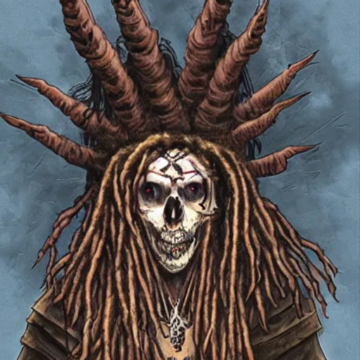 Image similar to a horror shaman with dreadlocks in sacrament of death