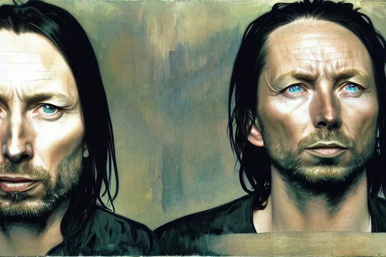 Image similar to hyper realistic portrait of thom yorke mixed with trent reznor, bigger forehead, bigger chin, from the side, by lee bermejo, alphonse mucha and greg rutkowski