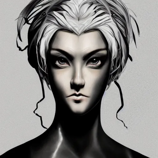 Prompt: Highly detailed Renaissance oil portrait in three quarter angle of an anime girl with white hair and black eyes wearing office suit in the style of Yoshitaka Amano drawn with expressive brush strokes, abstract floral black and white background, film grain effect