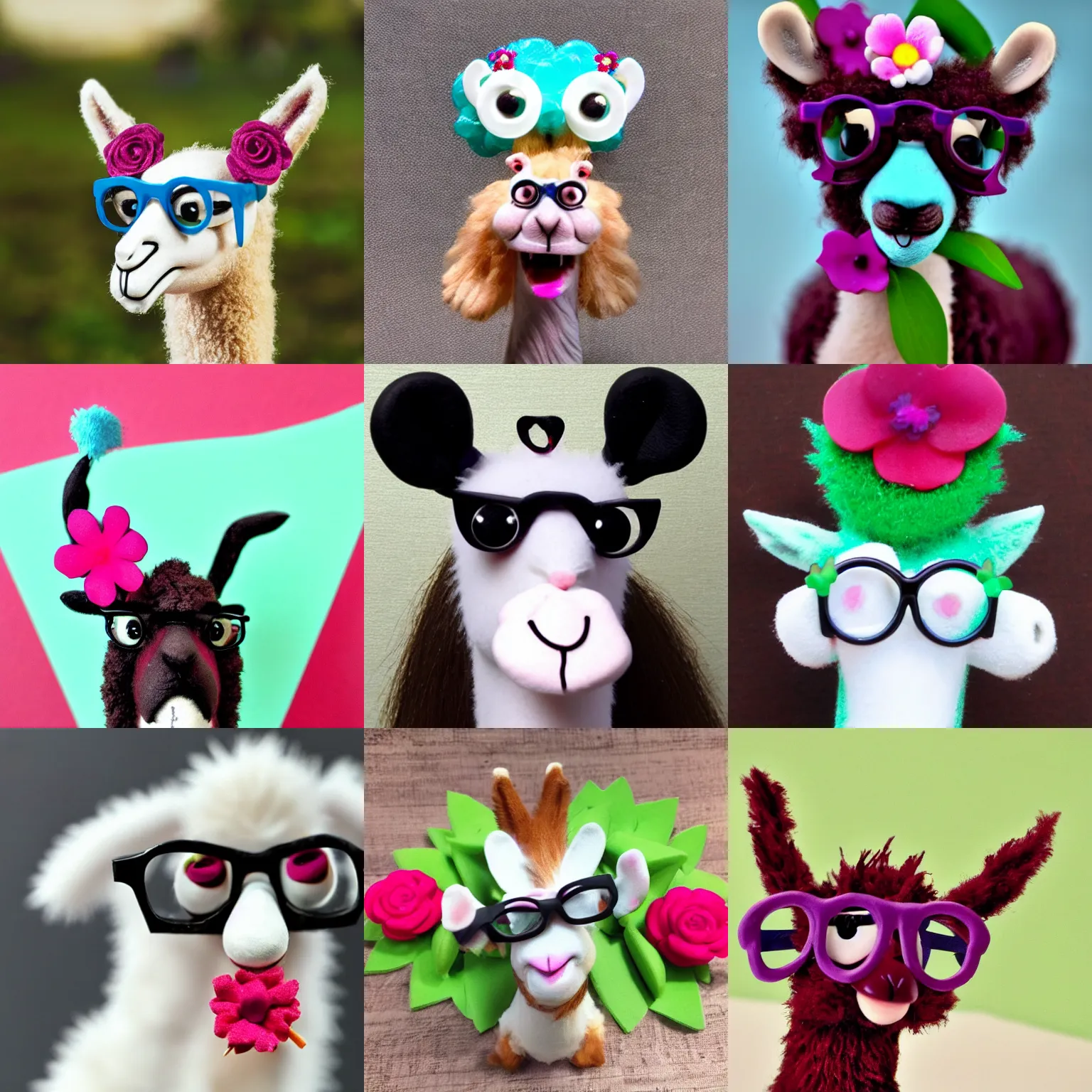 Prompt: cute happy claymation llama wearing glasses, with a flower on her ear