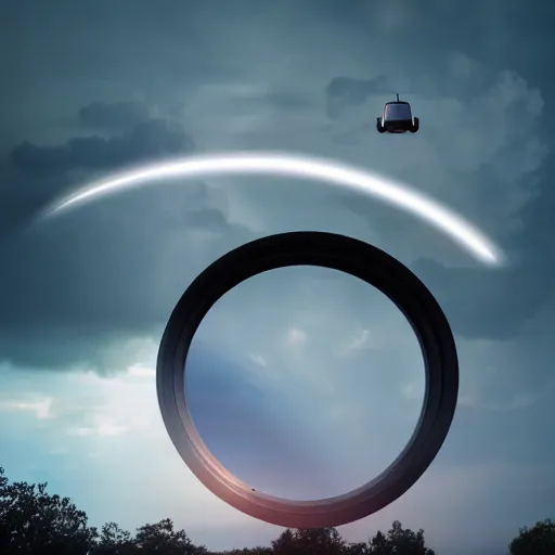 Image similar to futuristic flying car emerging in the sky from a circular portal made of lightning, thunderstorm at night, 8k 28mm cinematic photo