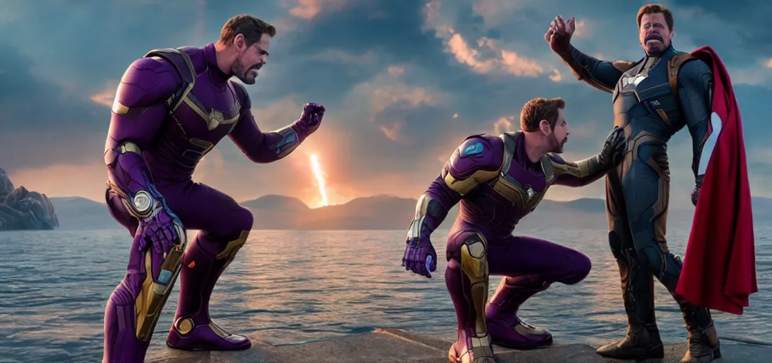 Image similar to a very high resolution image from a new movie. thanos kissing tony stark while capitan america watches on a lake, photorealistic, photography, directed by wes anderson