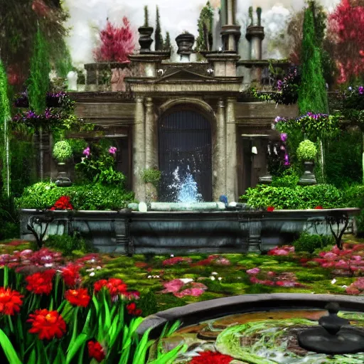 Prompt: garden inside a dark mansion, fountain, flowers, realistic, highly detailed, background of resident evil game