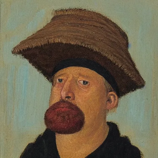 Image similar to boris johnson as a peasant from 1 2 th century england, exhibited in the british museum, oil on canvas, art, restored painting