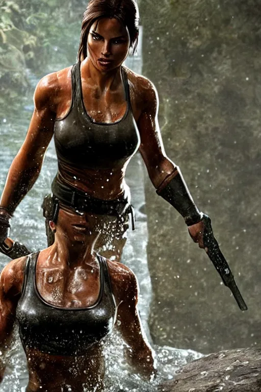 Image similar to a film still of lara croft, close up, muscular, drenched body, wet dripping hair, emerging from the water, fractal crystal