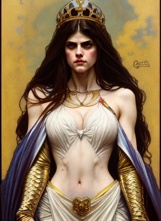 Image similar to alexandra daddario as queen, incredibly detailed face, light semi - open dress, true anatomy, art by artgerm and greg rutkowski and alphonse mucha