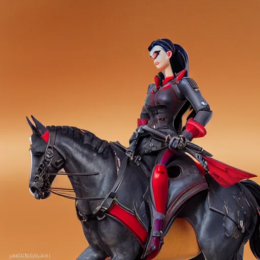 Image similar to widowmaker overwatch in the desert riding on a horse, black and red jacket, collar around neck, very detailed face, feminine face, full body